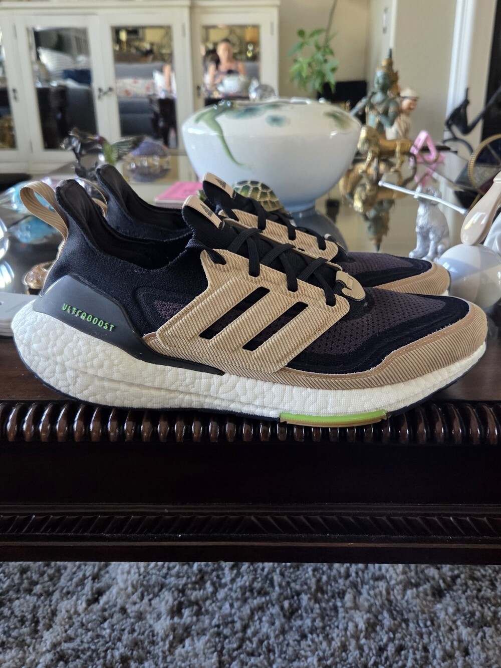 adidas Ultraboost Men's Black and Tan Athletic Sneakers with Lime Accent